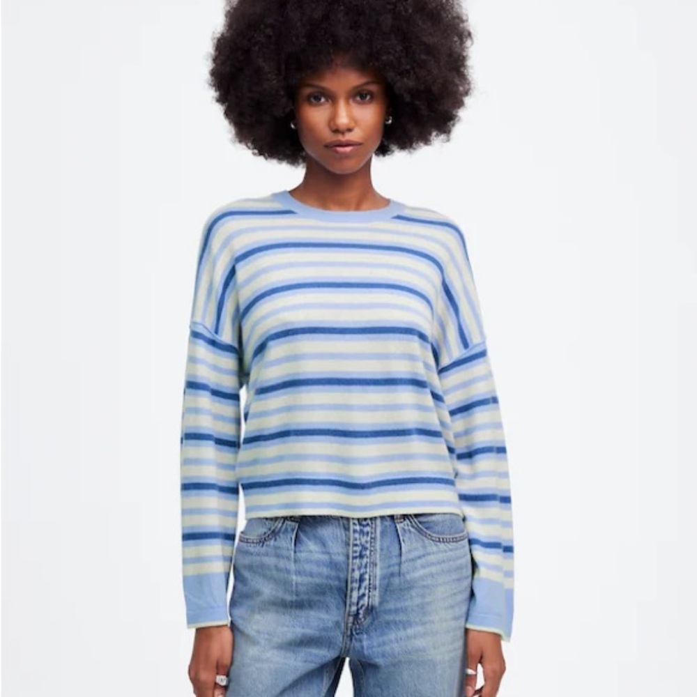 Madewell Blue and Cream 100% Cashmere Boxy Striped Sweater Size XL - Picture 2 of 8